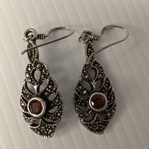Vintage Silver Toned Earrings With Marcasite Stones And Amber Color Center Stone